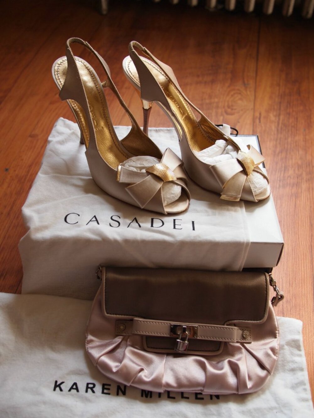 Casadei Leather Satin Peep toe Open Bow Slingback Heels - Picture 2 of 6